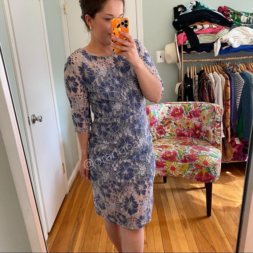 NWT VONE Antropologie Blue White Floral Lace Mini Dress Small - Picture 6 of 14